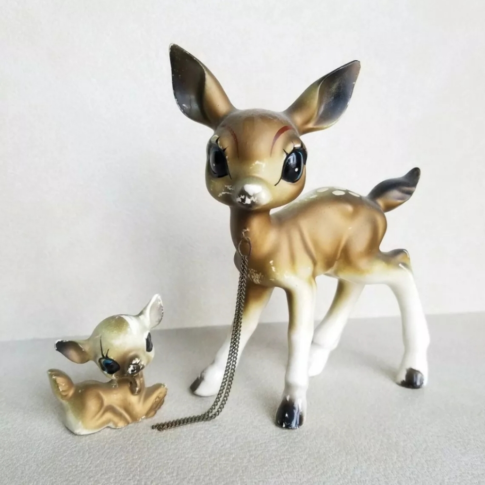 TILSO ~ Vintage Gold Deer Doe & Baby Fawn Chain Ceramic Figurine  ~ 6”